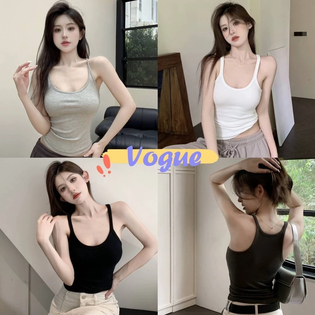 Vogue🌟พร้อมส่ง🌟 เสื้อสายเดี่ยว คอกลม ใส่สบายสีพื้น (FY130) -H