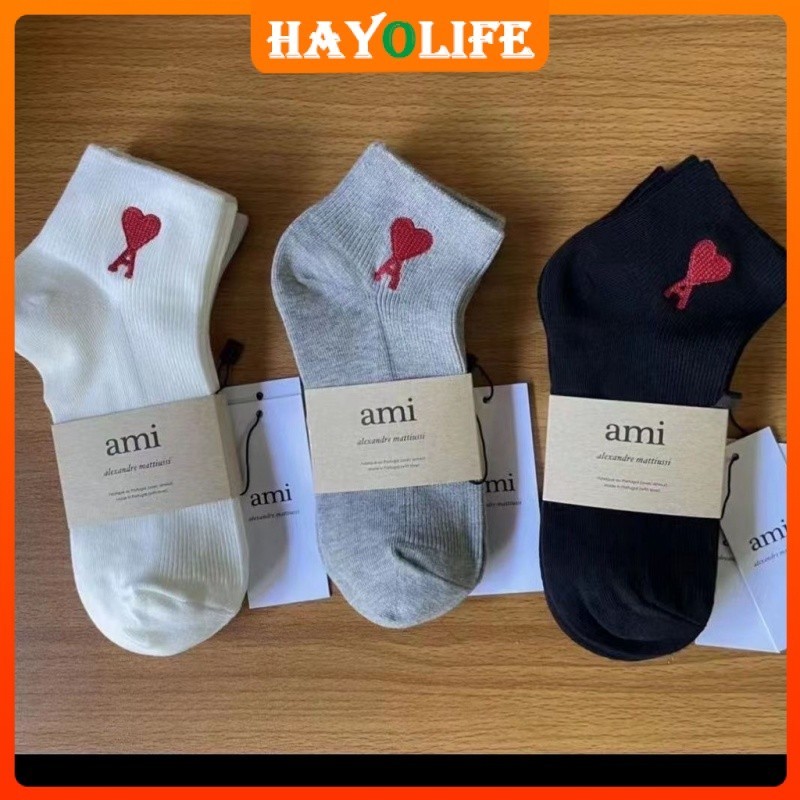 สินค้าใหม่ พร้อมส่ง ถุงเท้า ปักลายตัวอักษร ami สีแดง