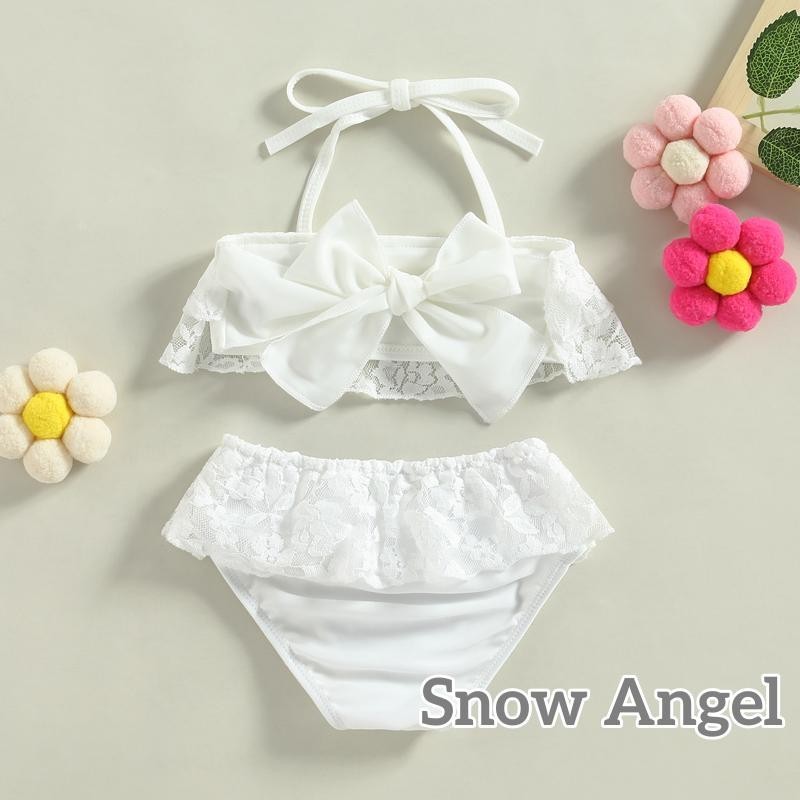 Toddler Girls ชุดว่ายน้ําทูพีช Summer Sleeve Halter Lace Tops + Bikini Bottom Set