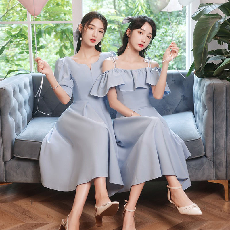 เพื่อนเจ้าสาว สีฟ้า ชุดใหม่ ฤดูใบไม้ร่วง เกาหลี งานแต่งงาน งานเลี้ยง ปาร์ตี้ ผู้หญิง ชุดเดรสแฟชั่น
