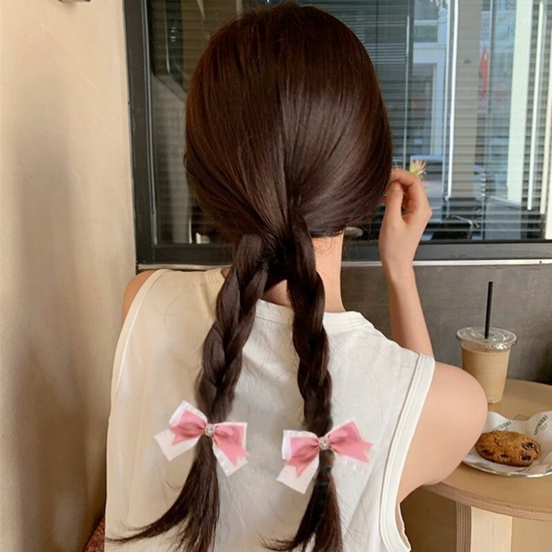 กิ๊บติดผม รูปหัวใจ ประดับโบว์ และพลอยเทียม สีชมพู สไตล์เกาหลี สําหรับผู้หญิง จํานวน 1 ชิ้น 2 ชิ้น