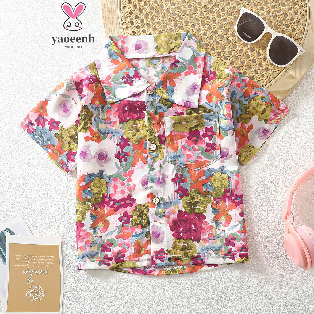 【YAOEENH】เสื้อคาร์ดิแกนแขนสั้น คอปก ขนาดเล็ก 90-160 ซม. ลายดอกไม้ แฟชั่นฤดูร้อน สําหรับเด็กผู้ชาย พร้อมส่ง