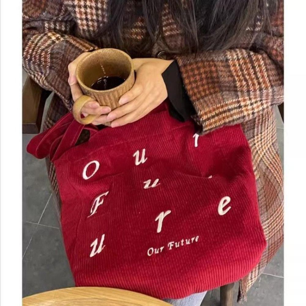 DSLONG กระเป๋าสะพาย, Corduroy ปักกระเป๋าถือความจุขนาดใหญ่, Fashion Letter Shopping Tote Bag Women