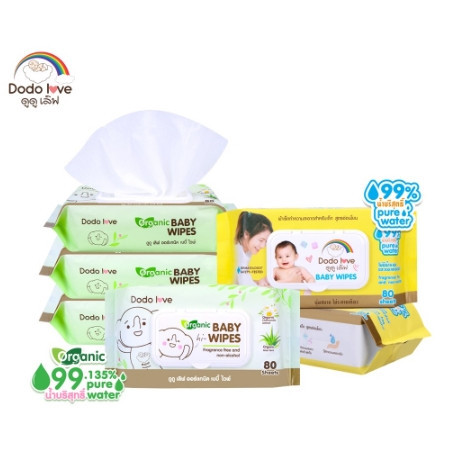 DODOLOVE Baby Wipes ทิชชู่เปียก ผ้าเช็ดทำความสะอาดสำหรับเด็ก ออร์แกนิค สูตรอ่อนโยน ห่อใหญ่ 80 แผ่น