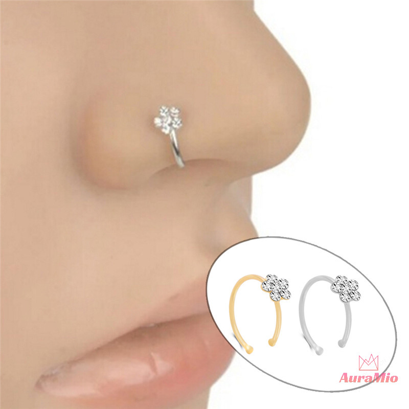 [AuraMio] 1 PC Small Thin Clear Rhinestone Flower Nose Ring Charm Nose Ring เครื่องประดับ แฟชั่นใหม่