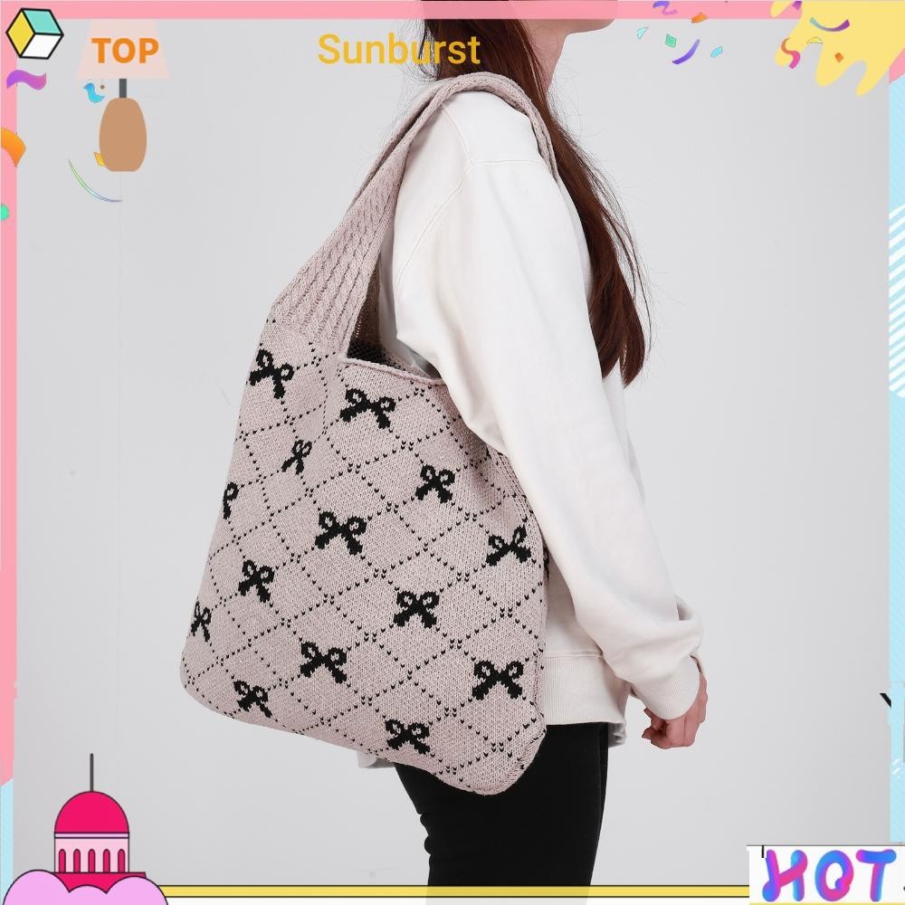 [Sunburst11.th] กระเป๋าถือ กระเป๋าช้อปปิ้ง ถักโครเชต์ พิมพ์ลายโบว์ สําหรับผู้หญิง [Sunburst11.th]