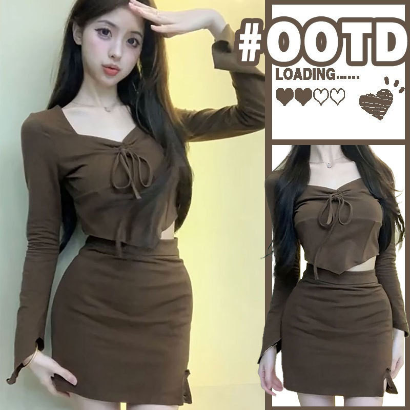 ชุดเสื้อแขนยาว และกระโปรงสั้น สีน้ําตาล สไตล์ยุโรป และอเมริกา สําหรับผู้หญิง