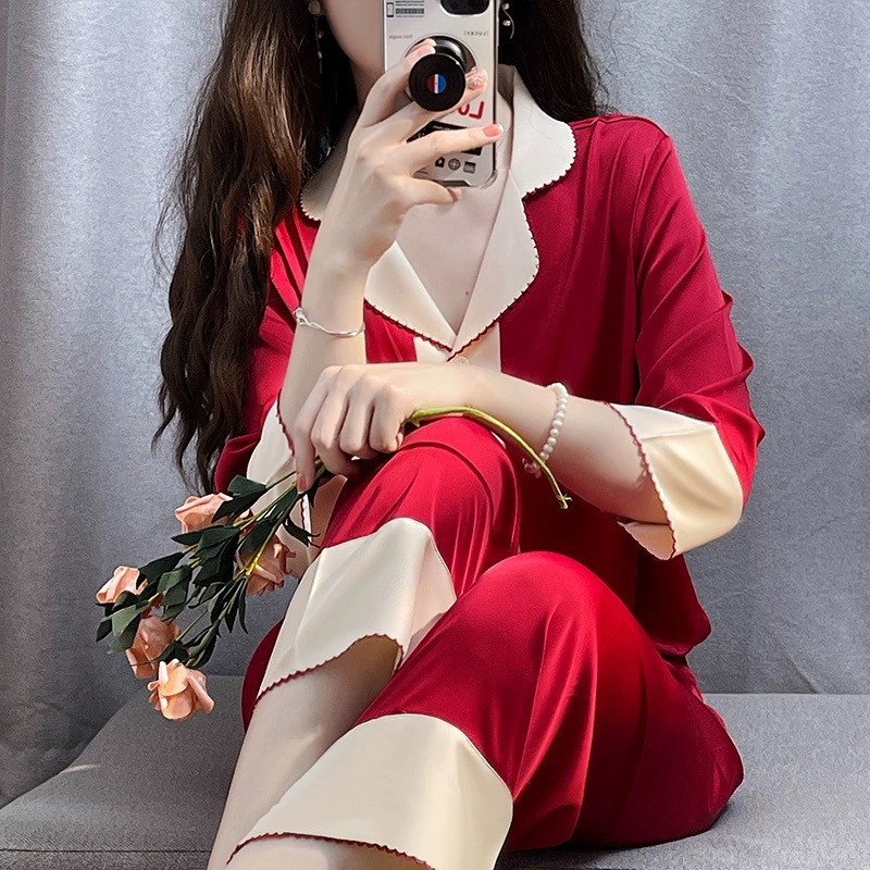 ชุดนอนฤดูร ้ อนใหม ่ ผู ้ หญิงผ ้ าไหมเทียมแฟชั ่ นแบรนด ์ ใหญ ่ ขั ้ นสูงแขนยาว Homewear
