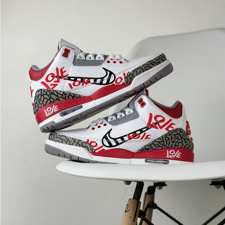 Nike Air Jordan 3 Retro Low รองเท้าบาสเก็ตบอลรองเท้าผ้าใบลำลองสำหรับผู้ชายผู้หญิงสีขาว-แดง-เทา  คอล