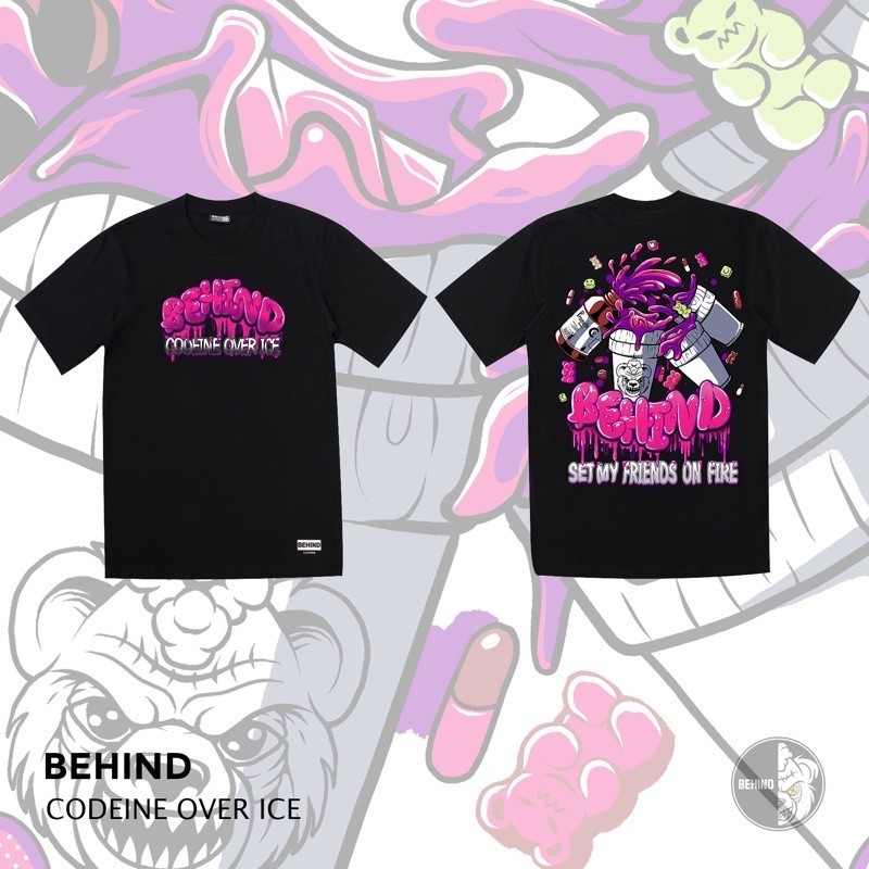 🔥 【HOT】 BEHIND เสื้อยืด “ CODEINE OVER ICE “  แขนสั้น แนวสตรีท Oversize เสื้อยืดชาย หญิง เสื้อยืดผู้