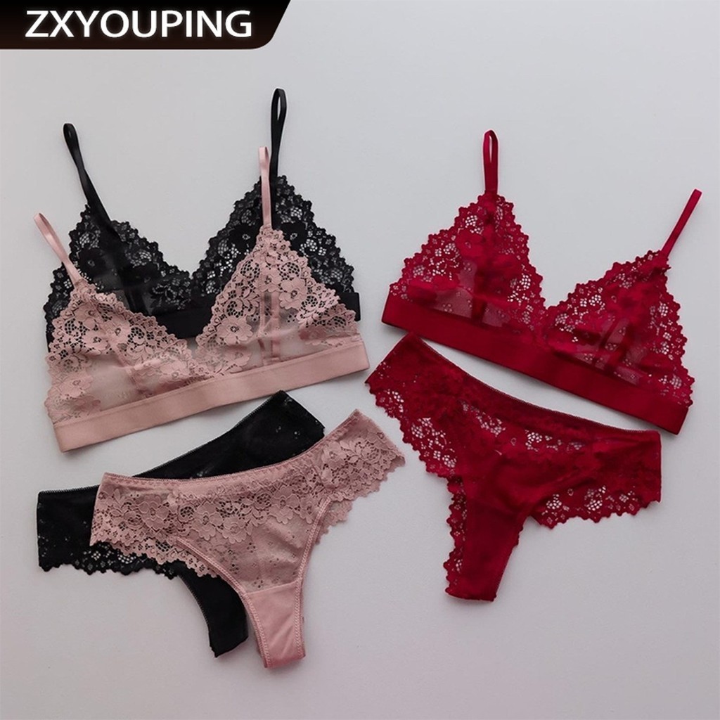 Zxyouping ชุดชั้นในสตรีฝรั่งเศส ไม่มีโครง ชุดชั้นในลูกไม้ เซ็กซี่ และกางเกงชั้นใน สายรัดบาง คัพสามเหลี่ยม ชุดชั้นในบางเฉียบ