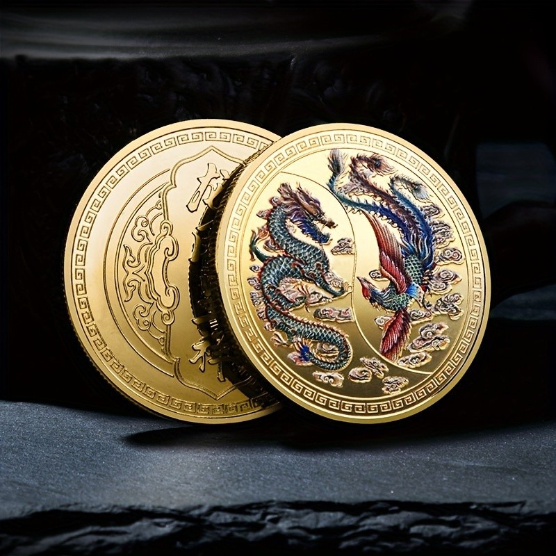 เหรียญกษาปณ์ที่ระลึก เหรียญกษาปณ์มังกร และนกฟินิกซ์ เหรียญนําโชค ของขวัญเหรียญจีน 1 ชิ้น