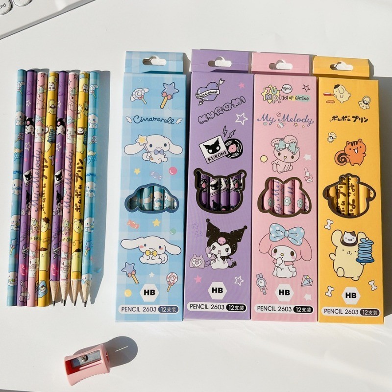 12 ชิ้น Sanrio ดินสอ Kawaii Mymelody Kuromi Cinnamoroll นักเรียน การ์ตูน วาดภาพ ดินสอ เครื่องเขียนเด็ก