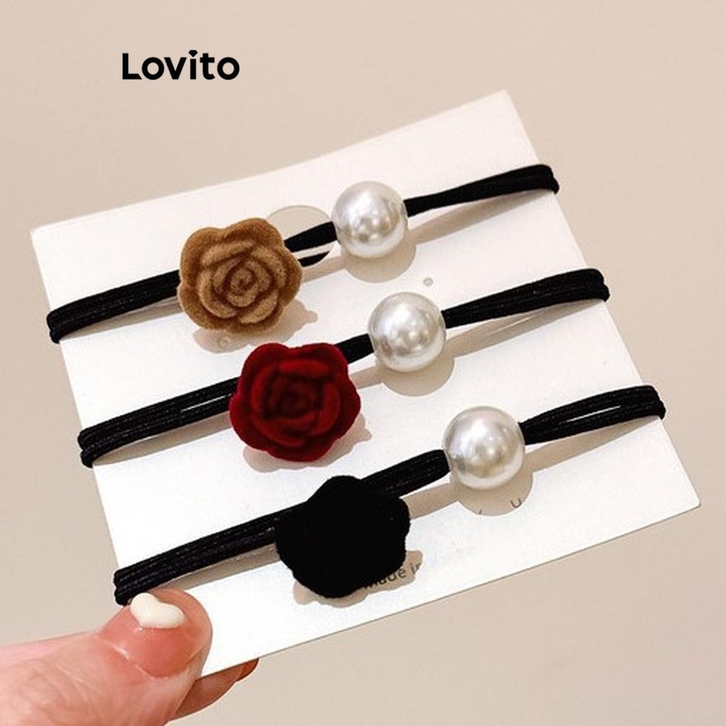 Lovito ยางรัดผมผู้หญิง แต่งดอกไม้ ประดับไข่มุก สไตล์ลำลอง LFA23010