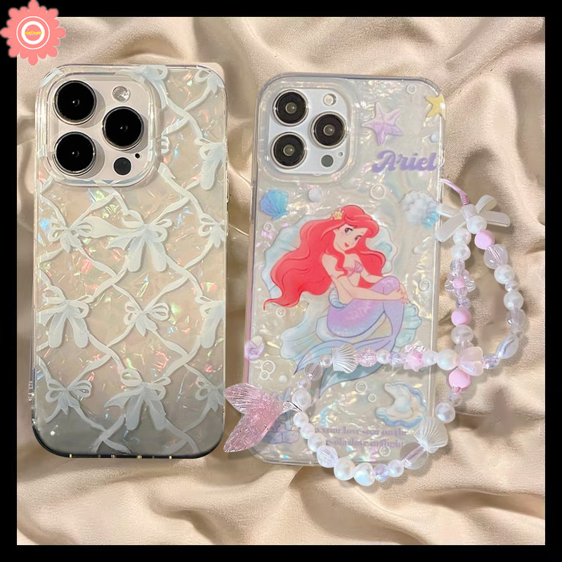 เคสโทรศัพท์มือถือ แบบนิ่ม ลายการ์ตูนเจ้าหญิงนางเงือก มีสายคล้อง ประดับไข่มุก สําหรับ IPhone 11 14 12 15 13 Pro Max 7Plus 6 15 7 14 8 6s Plus XR X XS Max SE 2020