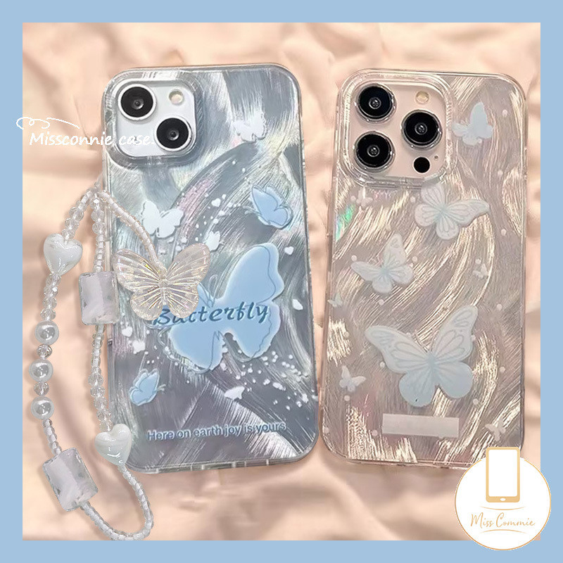 เคสโทรศัพท์มือถือ ลายผีเสื้อ พร้อมสายคล้องมือ ประดับไข่มุก สําหรับ Oppo A57 A38 A18 A16s A3s A31 A74 A33 A15 A7 A17 A54 A16K A92 A16 A96 A9 A5s A58 A76 A78 A17K A5 A77 A53 A95 A12 Reno 5 6 4F