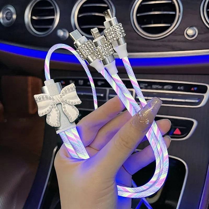 Car Mobile Phone Charging Cable One-to-Three Advanced Diamond-Embedded Internet Celebrity Streamer Car Charger Three-in-One El Wire ตกแต่งรถยนต์ TGZB
