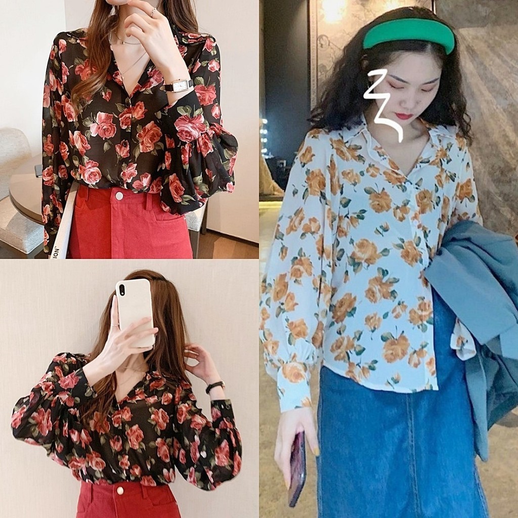 ราคาถูกที่สุด เสื้อเชิ้ตผู้หญิง แขนยาว ผ้าชีฟองบางเบา ลายดอกกุหลาบ 2 สี แขนจั๊มมีกระดุม