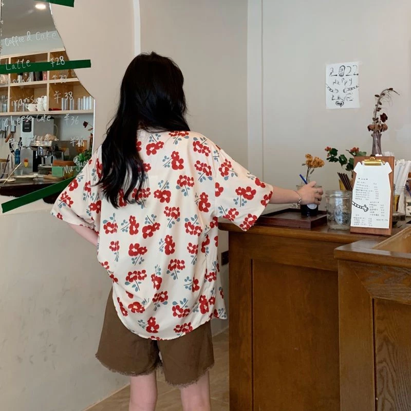 Veewink เสื้อเชิ้ตฮาวายผู้หญิง ลายดอกไม้สีแดง แขนสั้น thumbnail 6