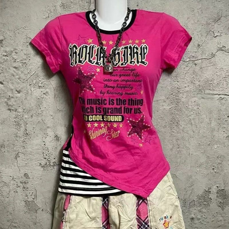 X-orange American Retro vintage พิมพ์เสื้อยืดแขนสั้นหลวมด้านบนฤดูร้อนสไตล์ใหม่เสื้อผ้าผู้หญิงลําลอง