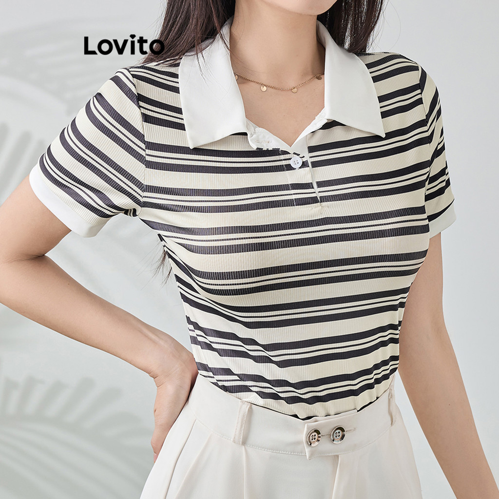 Lovito เสื้อยืดลําลอง บล็อกสี ลายทาง สําหรับผู้หญิง L113MD235