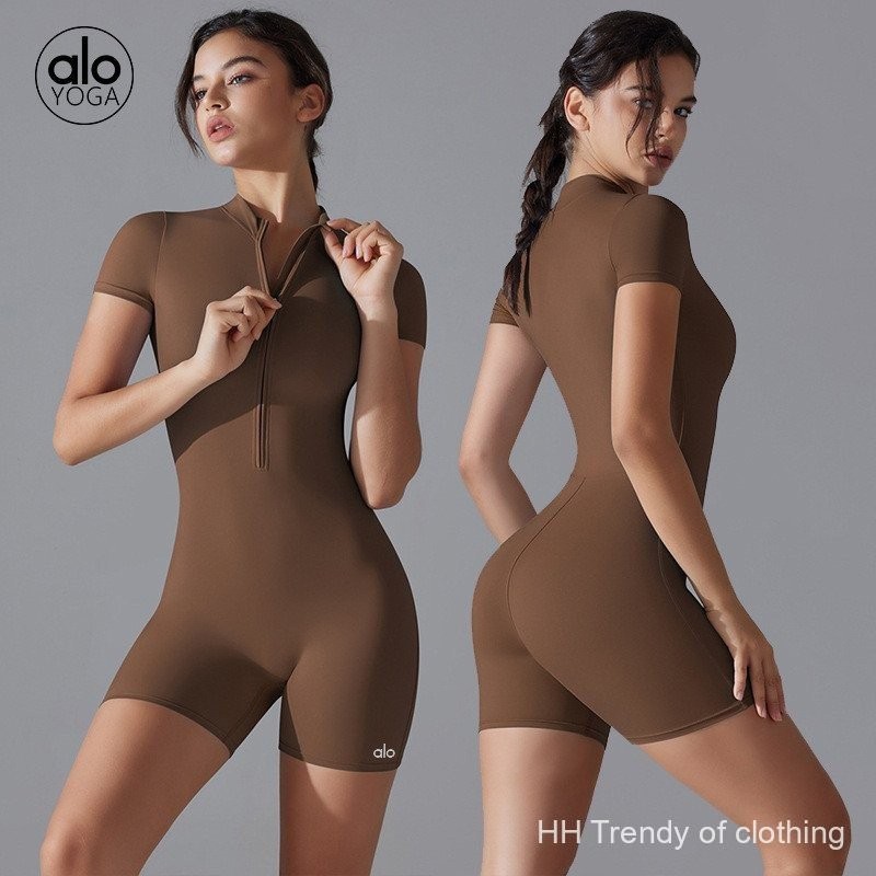 alo yoga,ชุดจั๊มสูทแขนสั้นซิปฤดูร้อนใหม่สำหรับผู้หญิง ชุดกีฬาฟิตเนสแน่นสำหรับเต้นรำ