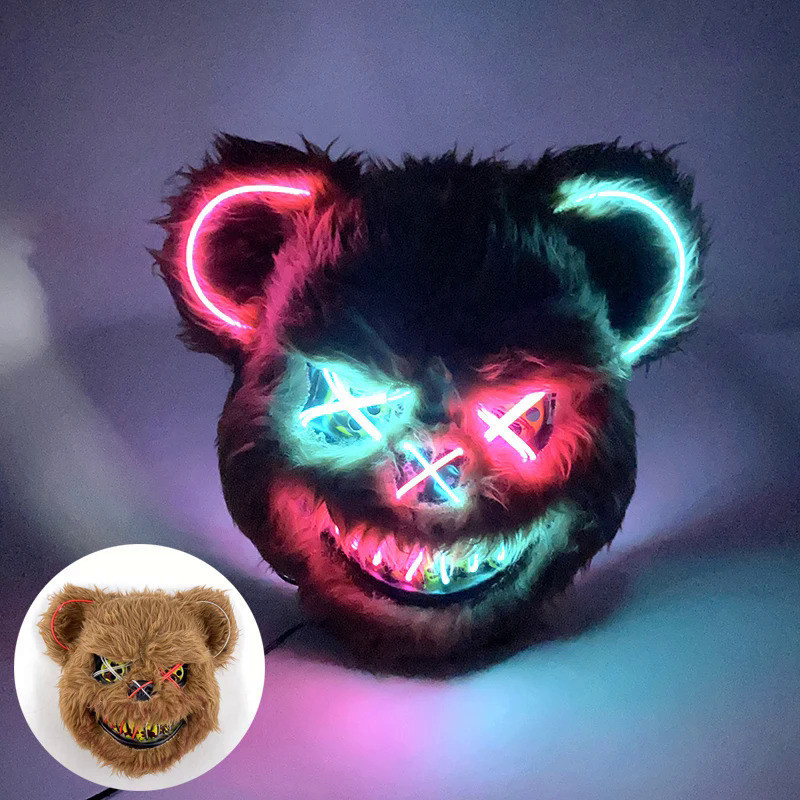 LED Cosplay Glowing  Bloody Bear Mask Halloween Horror Plush Rabbit Mask Bloody Bear Mask Decorative