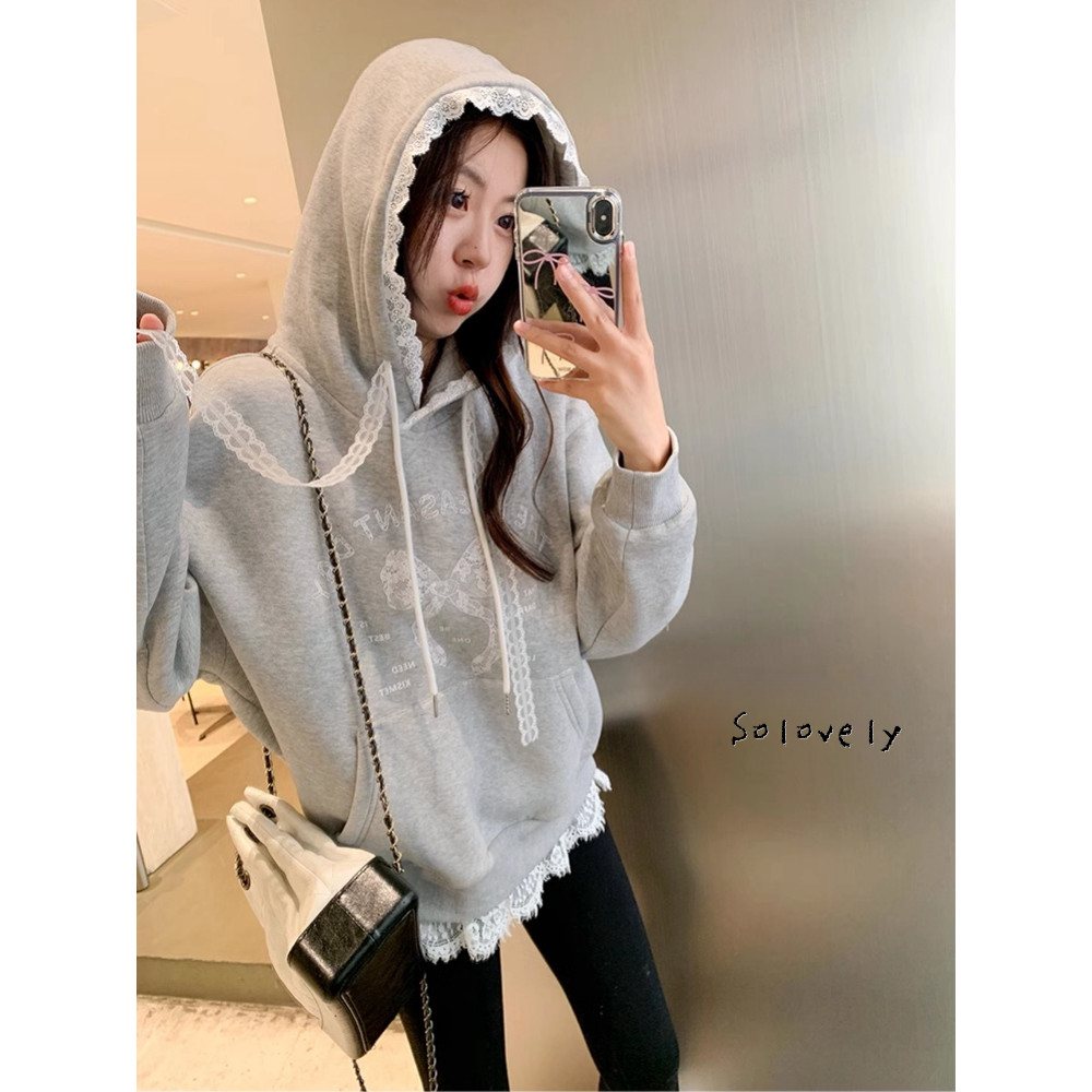 Solovely ผู้หญิง ส ไตล์เกาหลี แขนยาว แจ็คเก็ต พิมพ์ลาย โอเวอร์ไซส์ เสื้อฮู้ด