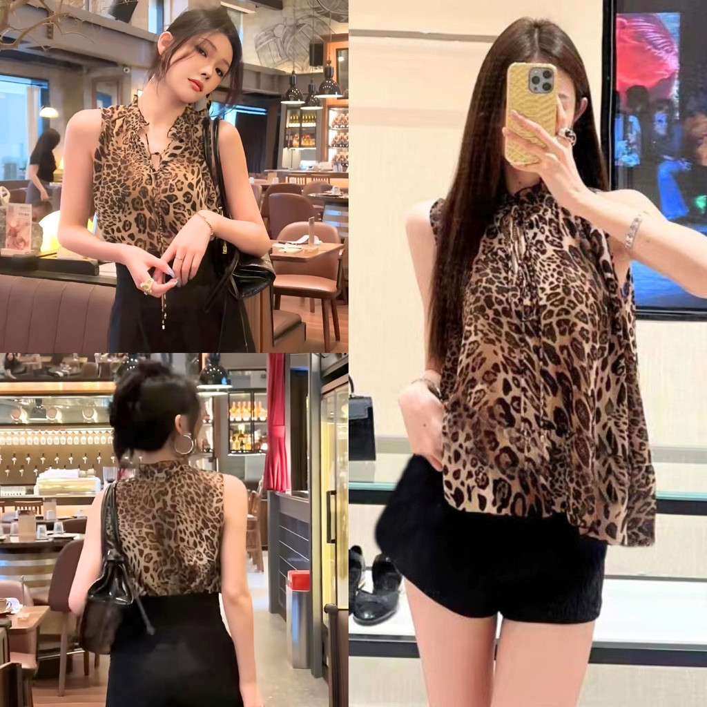 🔥ราคาถูกที่สุด🔥เสื้อแขนกุดชีฟอง ลายเสือดาว คอปีน มีเชือกผูกโบว์ บางเบาไม่มีซับใน