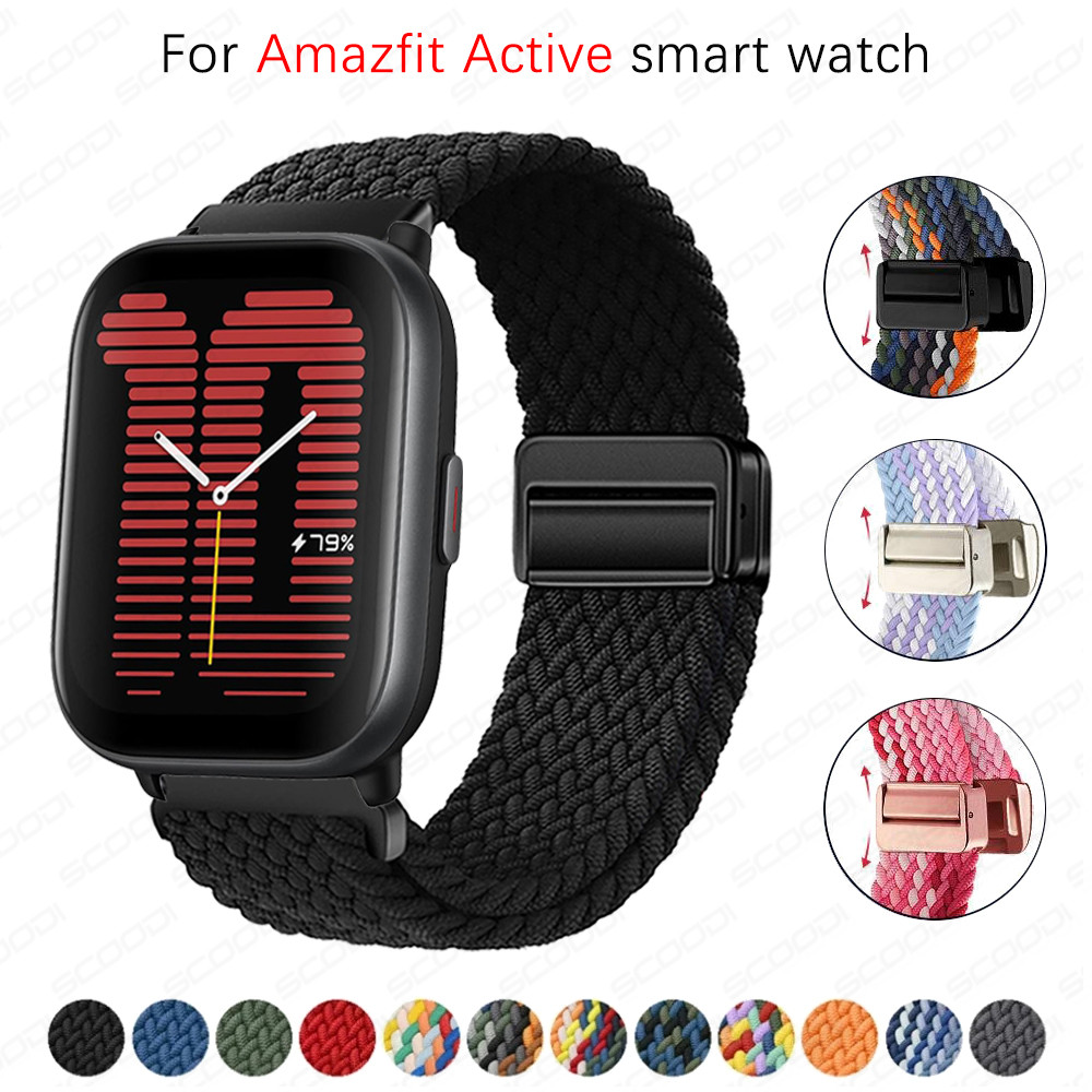 แหวนถักแม่เหล็กปรับสร้อยข้อมือไนลอนยืดหยุ่นสำหรับ For Amazfit Active / Active 2 สายรัดข้อมืออุปกรณ์เสริม