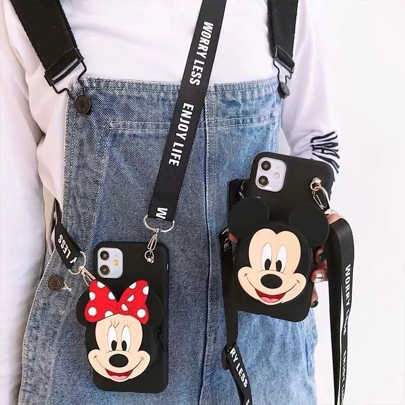 For Huawei Honor 20 Nova 3i 4e 5T 7 7SE 7i Pro P30 Lite Y9 Prime 2019 Y7A Y6P 2020 Cartoon Soft TPU Coin Back Cover 3D Mickey Minnie Head Wallet Bags Phone Case With Lanyard