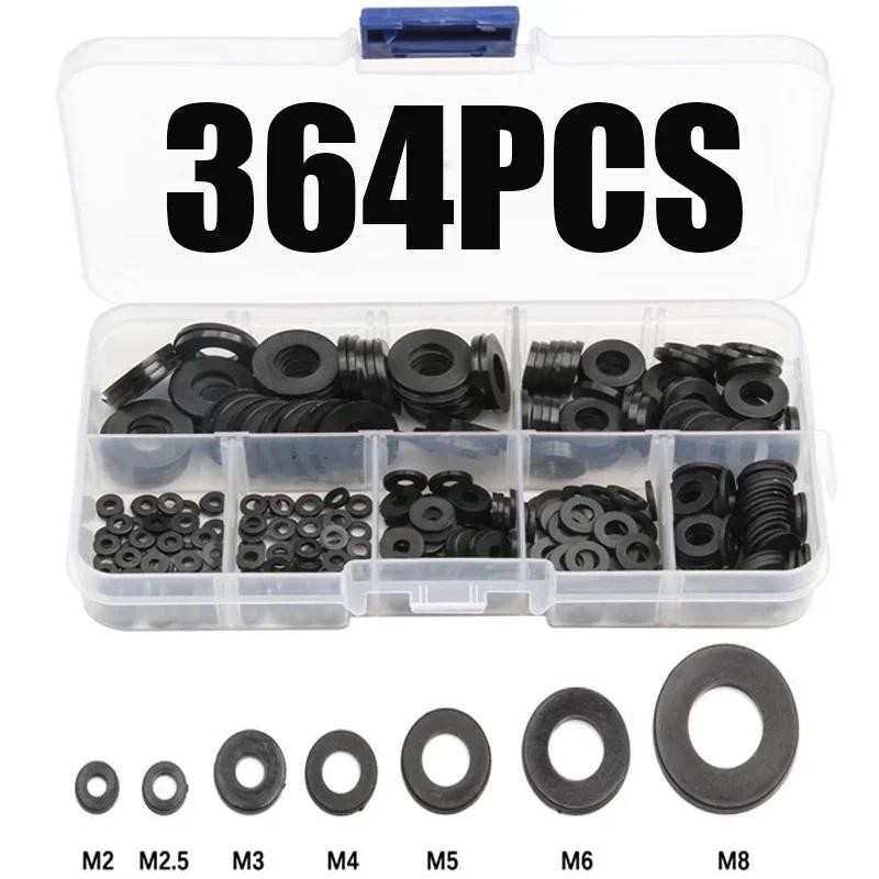 ไนลอนแบนเครื่องซักผ้าชุด M2 M2.5 M3 M4 M5 M6 M8 พลาสติกฉนวนกันความร้อน Spacers ซีลไนลอนสีดําเครื่องซักผ้าปะเก็นแหวนชุด 364PCS
