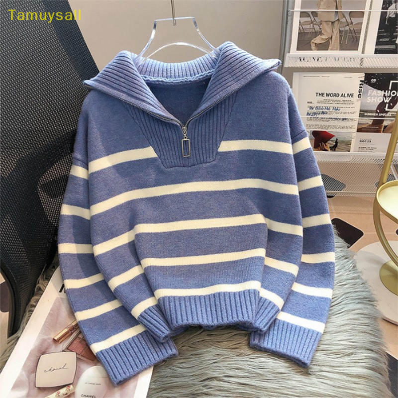 [TAMU] เสื้อกันหนาวแขนยาวลําลอง คอปก ผ้าถัก ทรงหลวม ลายทาง มีซิป แฟชั่นฤดูใบไม้ร่วง และฤดูหนาว สําหรับผู้หญิง YSA