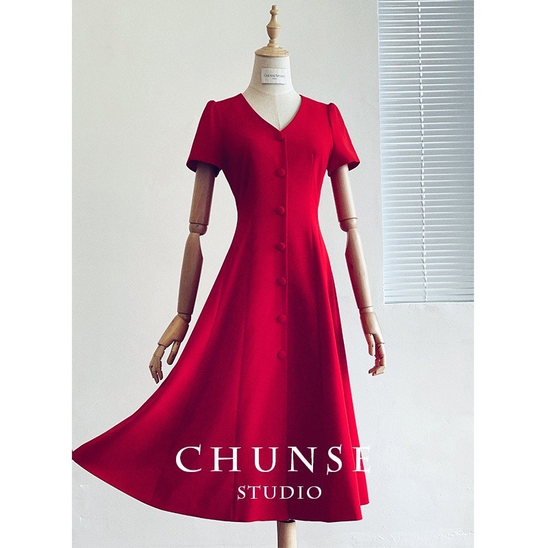 ชุดเดรสเจ้าสาวสีแดง สำหรับพิธีหมั้น สไตล์คลาสสิก FF365