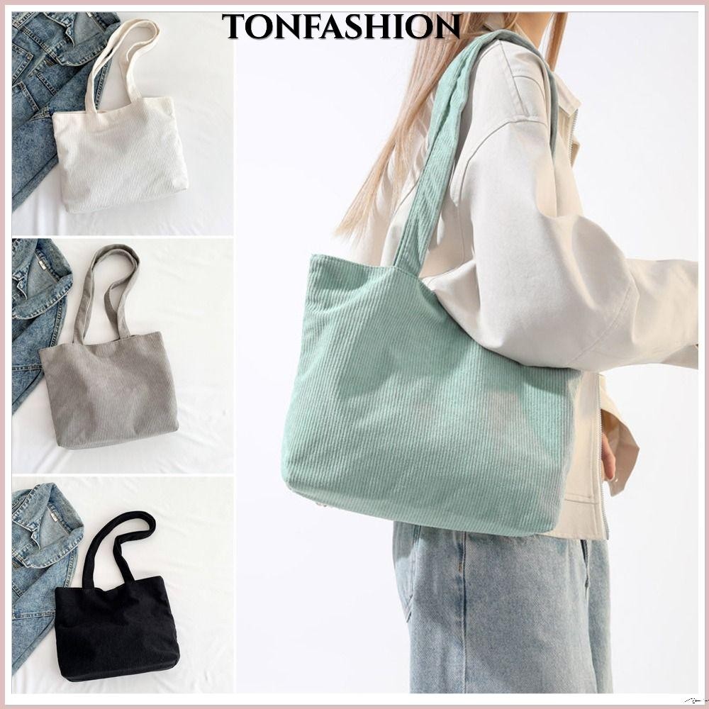Tonfashion กระเป๋าถือ กระเป๋าสะพายไหล่ ผ้าลูกฟูก ความจุขนาดใหญ่ สีพื้น แฟชั่นสําหรับสตรี