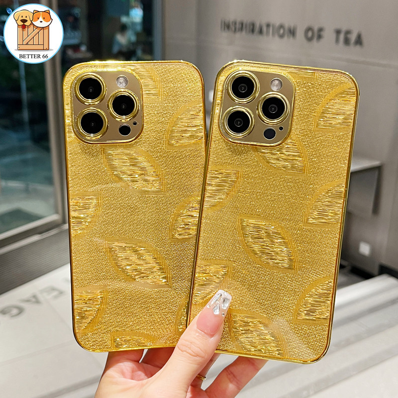 เคสโทรศัพท์มือถือ ชุบทอง กันกระแทก ลายใบไม้ หรูหรา สําหรับ Iphone 15 14 Plus 13 12 11 Pro Max
