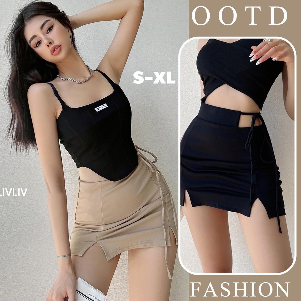 MMI&DIDI.NEW!กระโปรงทรงเอ แฟชั่น ร่องคู่แบบผูกเชือกสำหรับผู้หญิงฤดูร้อนเซ็กซี่สุดฮอต A-line กระโปรงสั้นกอดสะโพก#8808