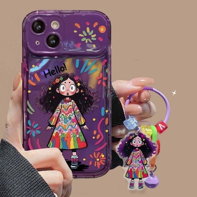 เคสโทรศัพท์มือถือ แบบกระจกหยิก ลายกราฟฟิตี้ผู้หญิงผมหยิก พร้อมจี้ขาตั้ง สําหรับ iPhone 15 Pro Max 15 Plus 14 Pro Max 14 13 Pro Max 12 Pro Max 11 TikTok