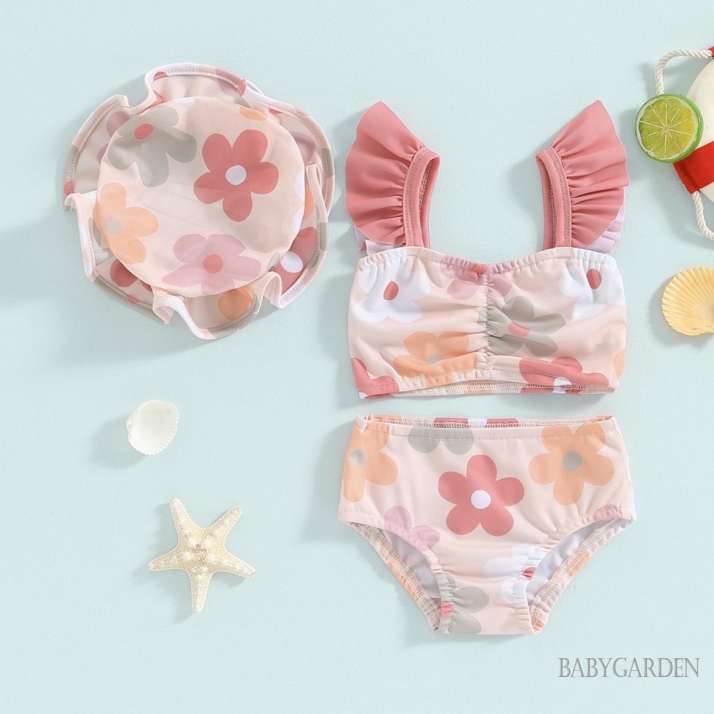 Baga-0-3 ปี เด็กผู้หญิง ชุดว่ายน้ํา 3 ชิ้น พิมพ์ลายดอกไม้ แขนบิน เสื้อกล้าม ชุดว่ายน้ํา กางเกงขาสั้น หมวกว่ายน้ํา หมวกชายหาด ชุดบิกินี่ - รูปที่ 2
