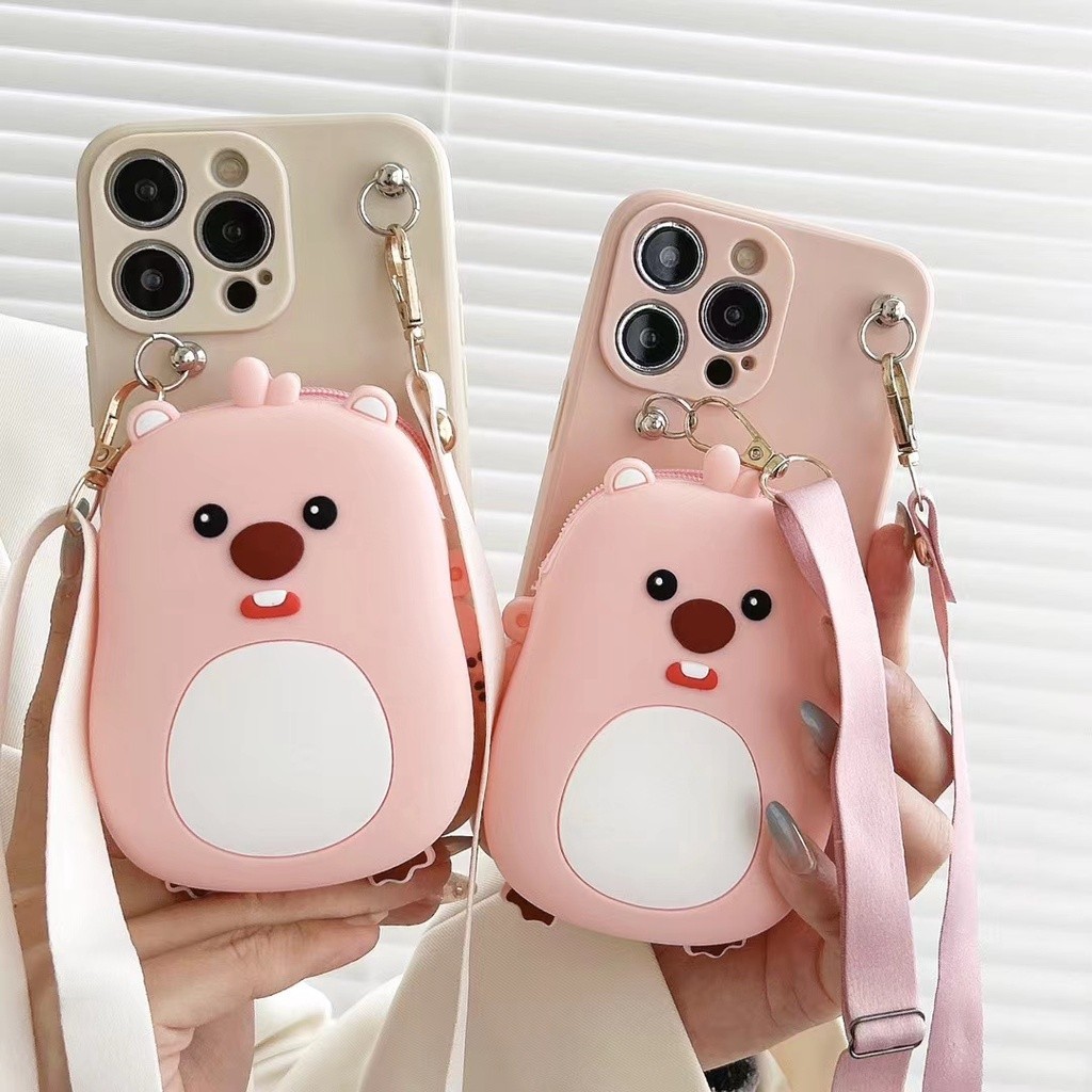 For Huawei P30 Lite Y9 Prime 2019 Y7A Y6P 2020 Nova 3i 4e 5T 7i 9 9SE 10 Pro Cute Cartoon Beaver Wallet Bag TPU Phone Case With Lanyard