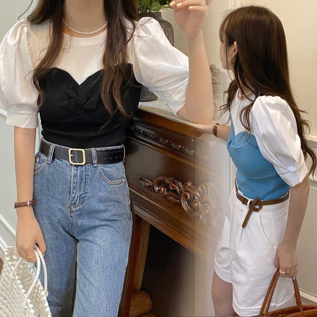 MIMI&DIDI.เสื้อครอป น่ารักมาก เสื้อยืดแขนสั้นผู้หญิง แขนพัฟฤดูร้อน แฟชั่นเกาหลีเข้ารูปพอดีตัว ผ้าถัก#6886