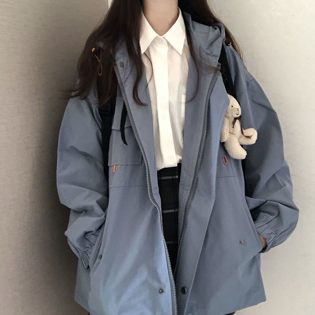 เสื้อคลุมแขนยาว มีฮู้ด เสื้อแจ็คเก้ตผ้าร่มOversize (สีดำ/สีฟ้า) Jacket รุ่นขนาด S-2XL