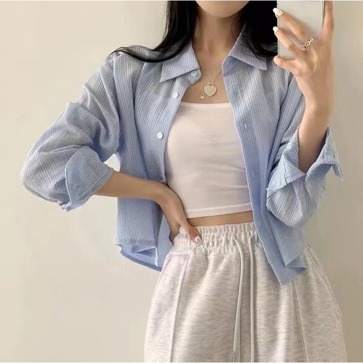 เสื้อเชิ้ตแขนยาว ป้องกันแดด ลายทาง สีฟ้า สไตล์เกาหลี สําหรับผู้หญิง