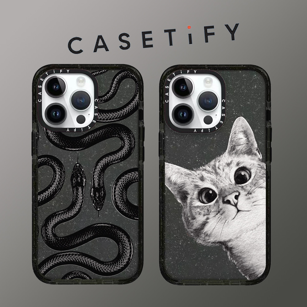 Casetify เคสโทรศัพท์มือถือแบบนิ่ม TPU กันกระแทก ลายแมว งู สีดํา แต่งกลิตเตอร์ สําหรับ iPhone 15 Pro Max 14 ProMax plus 13 12 12Pro 12PM 11