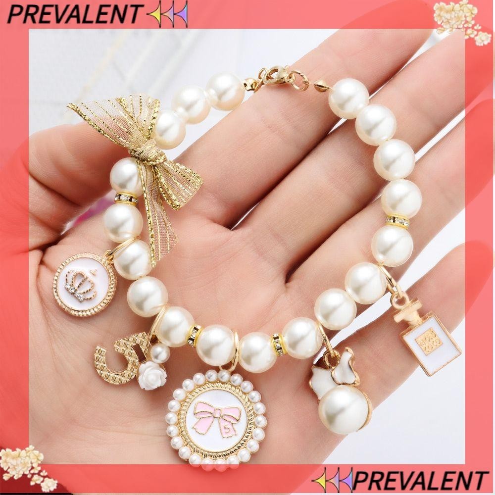 Prevalent ปลอกคอแฟชั่นประดับไข่มุกสําหรับสัตว์เลี้ยงสุนัขแมวสามารถปรับได้ / หลากสี
