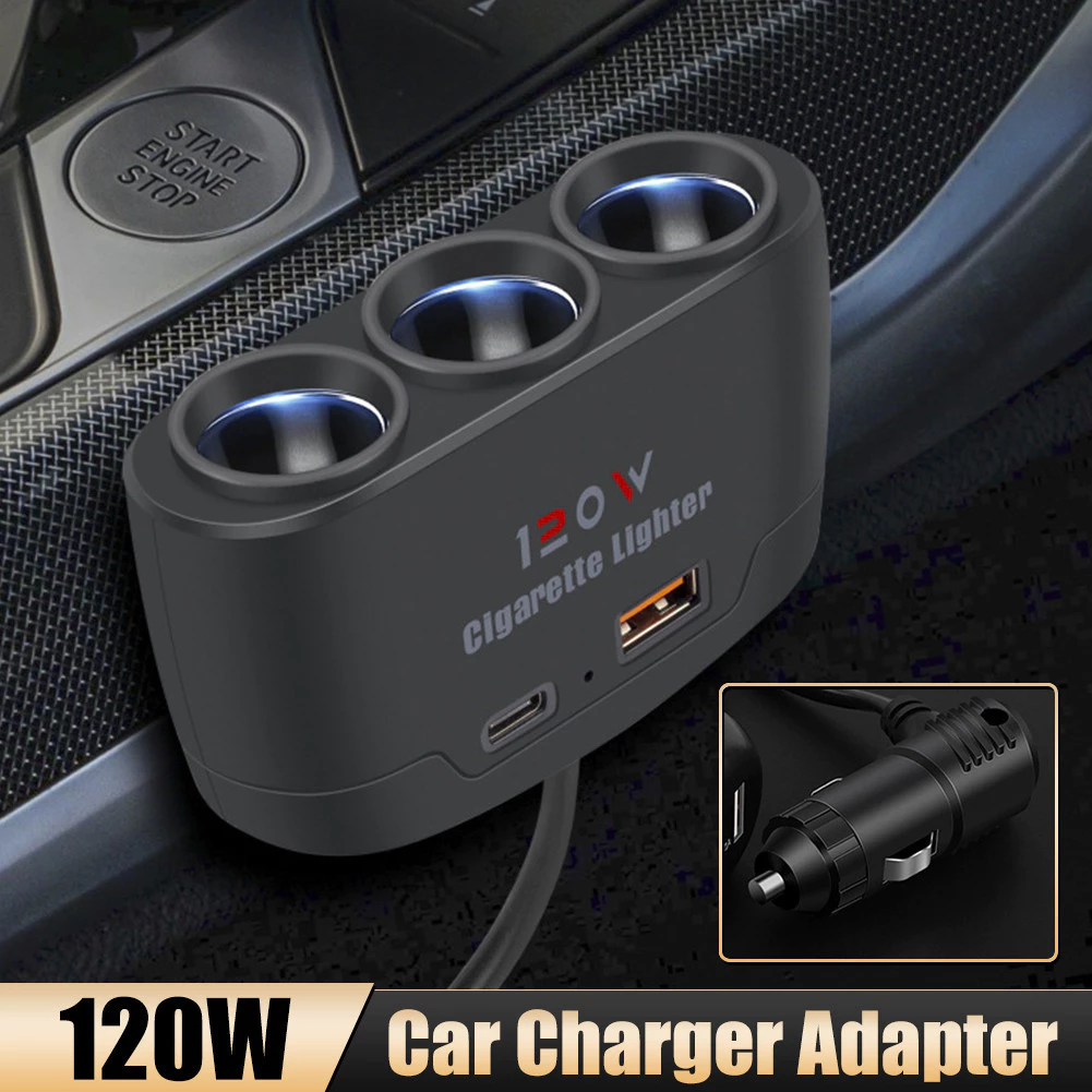 อะแดปเตอร์ที่ชาร์จในรถยนต์ 120W 12V 24V 3 ซ็อกเก็ตที่จุดบุหรี่แยก USB คู่ LED ชาร์จเร็ว สําหรับ IPhone IPad GPS Dashcam