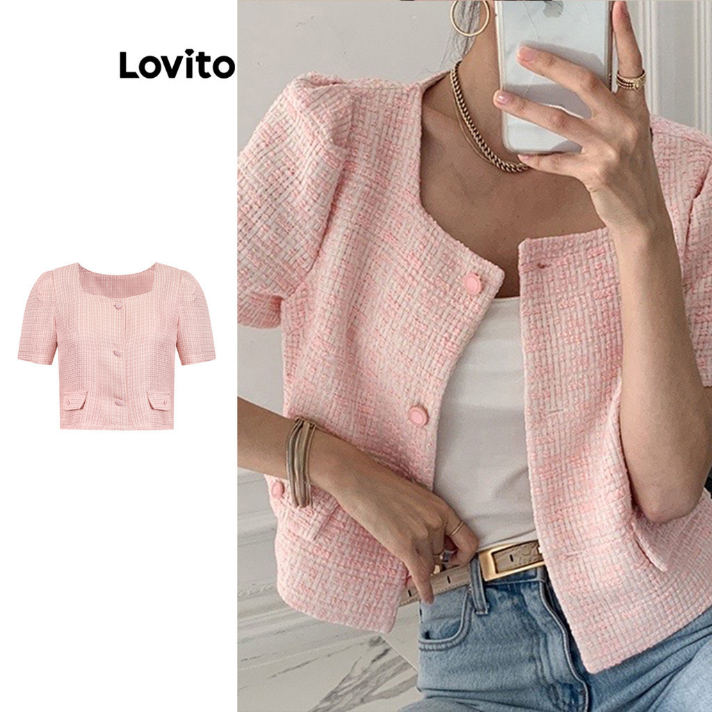 Lovito เสื้อแจ็คเก็ตผู้หญิง แขนสั้น มีกระดุม สีพื้น สไตล์หรูหรา L73AD029