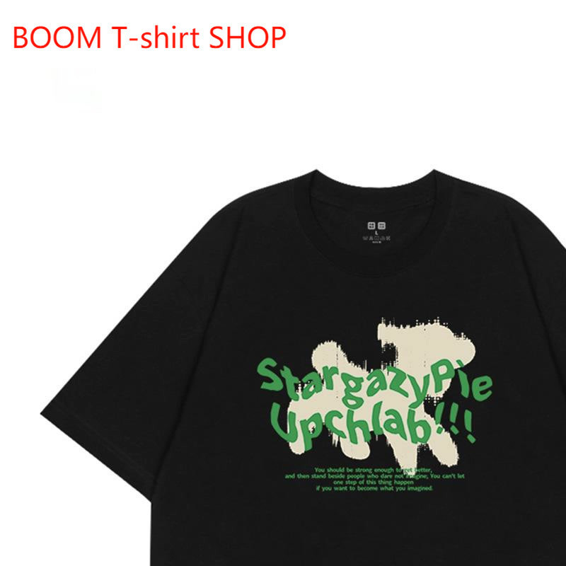 (จัดส่งในกรุงเทพฯ)BOOM SHOP ฤดูร้อนอเมริกันย้อนยุคหวานเท่สไตล์เฉพาะการ์ตูนพิมพ์เสื้อยืดผ้าฝ้ายสีดำความรู้สึกระดับไฮเอนด์