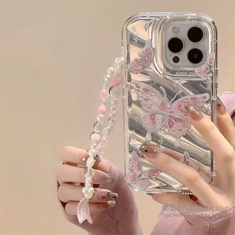 เคสโทรศัพท์มือถือนิ่ม ลายผีเสื้อ สีชมพู พร้อมสายคล้อง สําหรับ iPhone 15 14 13 12 11 Pro Max X Xr Xs Max 7 8 Plus SE2020