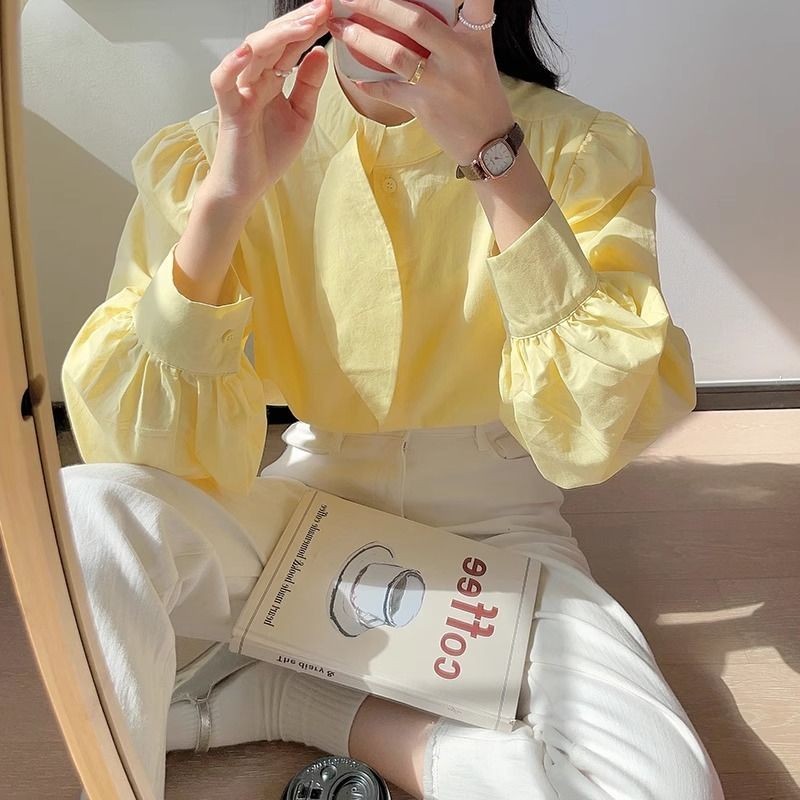 เสื้อเชิ้ตแขนยาว ผ้าฝ้าย แบบบาง ออกแบบดี สีเหลือง สไตล์ตะวันตก เหมาะกับฤดูใบไม้ผลิ สําหรับผู้หญิง 2024